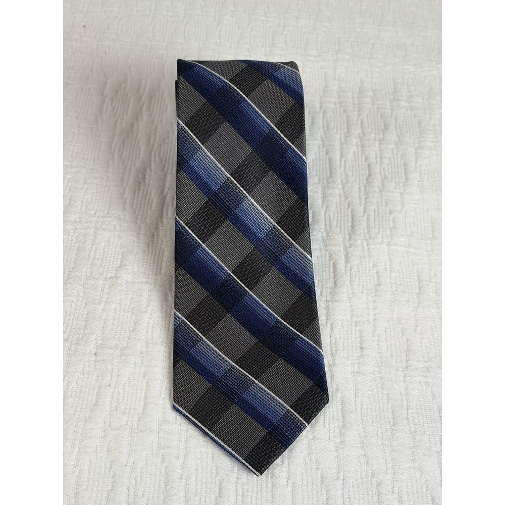 Pronto Uomo 100% Silk  Blue Grey White Plaid Hand Made Necktie